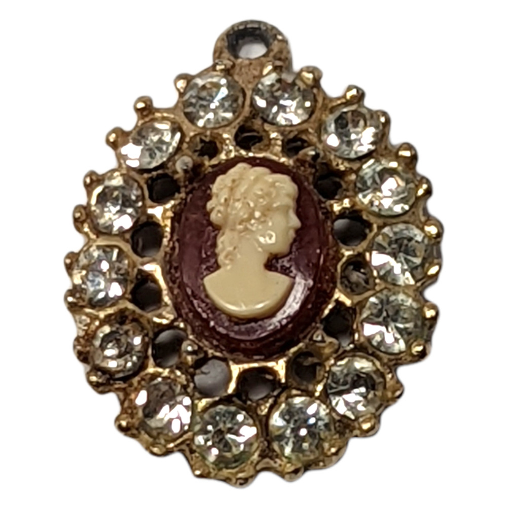 Vintage Oval Cameo Mini Ornate Pendant Gold Tone Clear Rhinestones - Picture 4 of 4